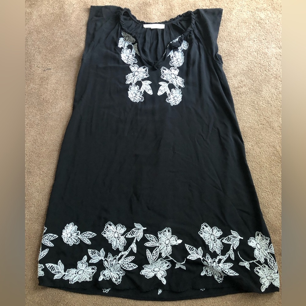 LOFT Black Top with White Embroidered Accent